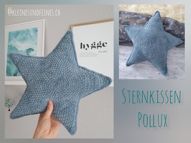 Front and top views of a blue crocheted five-point star cushion named Pollux