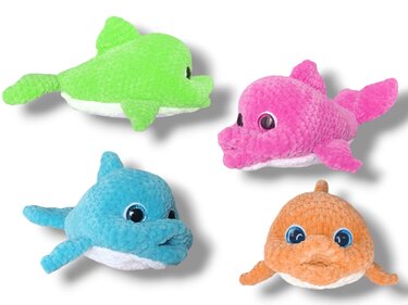 Four crocheted dolphin amigurumi in green, pink, blue, and orange with white bellies on a white background.