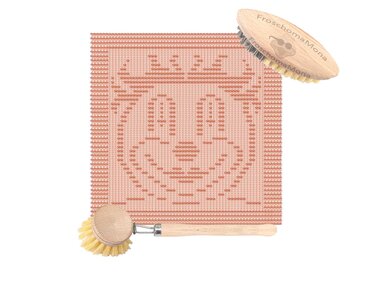 Roséfarbenes gestricktes Spültuch mit stilisiertem Katzenmuster und zwei Holzbürsten