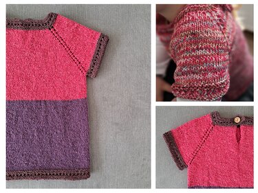 Zweifarbiges kurzärmeliges Kinderstrickshirt in Pink und Lila mit braunen Einfassungen, Raglan-Naht und Knopfverschluss am Nacken