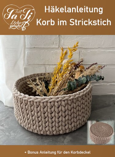 Runder beiger Häkelkorb im Strickstich mit optionalem Deckel