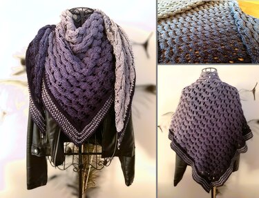 Purple-to-gray ombre triangle crochet shawl with open shell-stitch texture, draped over a dress form wearing a black jacket