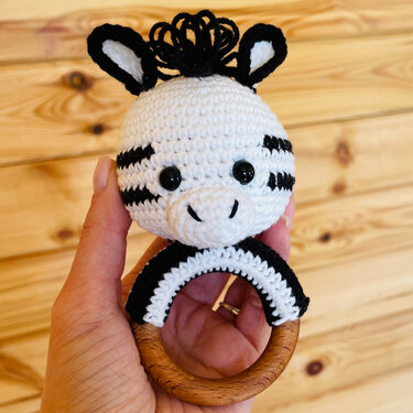Crochet baby zebra rattle amigurumi pattern, baby toy with teether ring