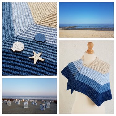 Collage of a blue and beige striped crochet shawl with shell and starfish accents, stitch close-up, mannequin view, and beach photos.