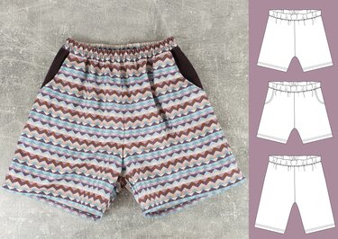 Kinder-Shorts mit Gummibund, kontrastigen Seitentaschen und drei technischen Schnittzeichnungen