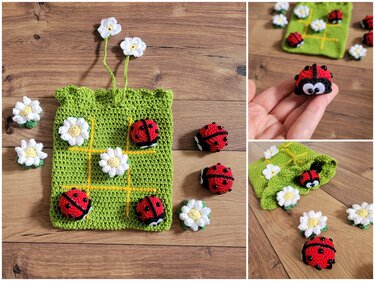 Gehäkeltes Tic-Tac-Toe auf Holztisch: grüne Unterlage mit gelbem Raster, rote Marienkäfer- und weiße Gänseblümchen-Spielsteine.