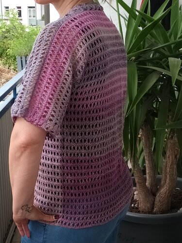 Person trägt kurzärmeliges, gehäkeltes Oberteil in Flieder- und Beerentönen mit Lochmuster auf einem Balkon.