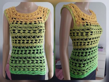 Ärmelloses gehäkeltes Damen‑Top in Gelb‑Grün mit offenem Lochmuster auf Schaufensterpuppe
