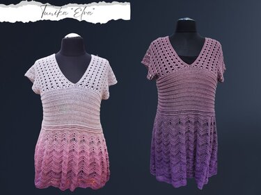 Zwei gehäkelte Tuniken auf Schaufensterpuppen, links rosa Farbverlauf, rechts violetter Farbverlauf, V-Ausschnitt, Lochmuster und Zickzackmuster am Saum.