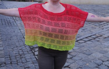 Boxy crochet short-sleeve top with red-to-green gradient and horizontal lace stripes