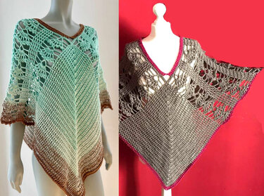 Zwei gehäkelte Ponchos auf Schaufensterpuppen, links mintgrün‑braun mit V‑Ausschnitt, rechts grau mit pinker Einfassung