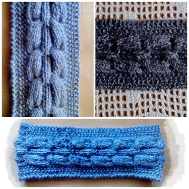 Drei Varianten von gestrickten Stirnbändern mit Details der Zopfstruktur und Randkanten