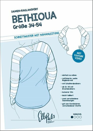 Cover eines Schnittmusters für Damen-Raglanshirt, Illustrationen von Vorder- und Rückseite, Größenangabe 34–54 und Stichpunkte zu Nähdetails