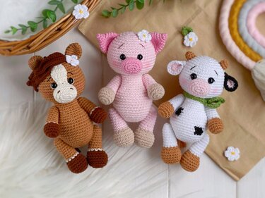 SET 3 Häkelanleitung amigurumi Bauernhof Tiere: Kuh, Schwein und Pferd