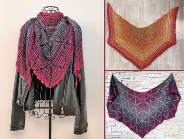 Three crocheted shawls: grey-to-magenta lace shawl over a black jacket, an orange-red gradient shawl flat, and another grey-to-magenta lace flat view.