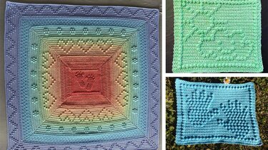 Quadratische gehäkelte Babydecke mit zentralen Fußabdrücken, Herz- und Noppenbordüre im Farbverlauf