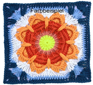 Nahaufnahme gehäkeltes Granny Square mit reliefartigen Stichen und mehrfarbigen Ringen