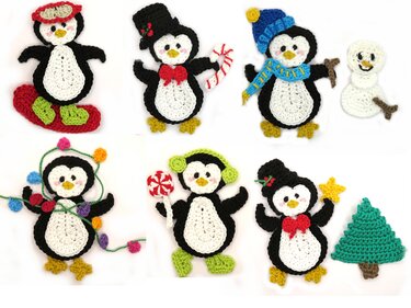 Six crocheted penguin appliques with holiday accessories, plus a small crocheted tree and snowman, on a white background.