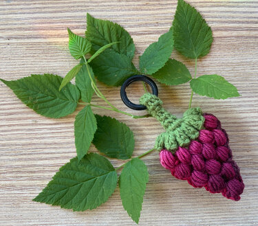 Gehäkelter Trauben-Schlüsselanhänger mit violetten Beeren, grünem Stiel und schwarzem Schlüsselring auf Holzuntergrund mit grünen Blättern