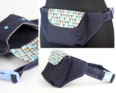 Dunkelblaue Gürteltasche aus Jeansstoff mit türkis-brauner Dreiecksklappe und hellblauer Steckschließe