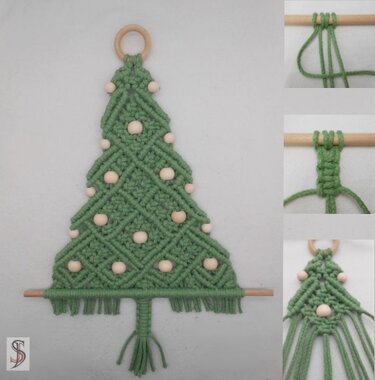 Grüner Makramee-Weihnachtsbaum mit Holzperlen und Detailknoten