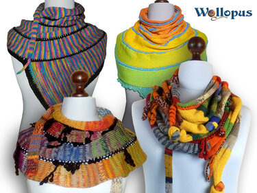 Vier bunte, gestrickte Loops und Dreiecksschals an Schaufensterpuppen