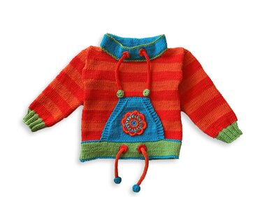 Knitted children's hoodie with red and orange stripes, blue cowl neck, blue kangaroo pocket, green cuffs and hem