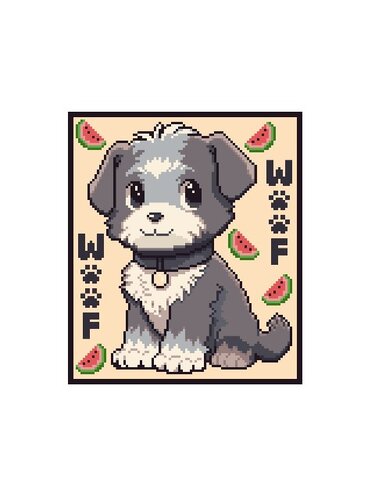 Grid-style pixel chart of a gray dog with watermelon pieces and block letters