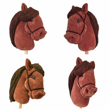 Four-angle reference photos of a brown crochet amigurumi horse head mounted on a wooden stick