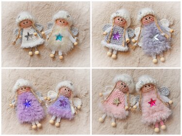 Vier Paare gehäkelter Mini-Engelchen mit Mützen, Flügeln und Sternen auf flauschigem Hintergrund.