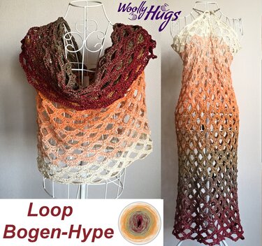 Schneiderpuppe mit gehäkeltem Loop und langem Ajour-Kleid in Creme, Pfirsich und Burgunder Farbverlauf