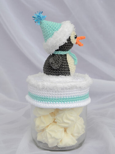 3tlg. Sparset Pinguin und Schneemann mit Schlapphut für Marmeladenglasbezug Winterdeko Bonbonglas - Häkeln