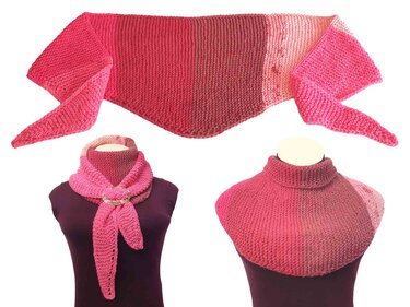 Gestricktes Dreieckstuch in Pink- und Rosatönen mit Farbverlauf, gezeigt offen, mit Schalring und als Kragen
