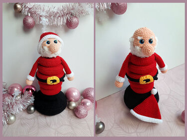 Gehäkelter Weihnachtsmann mit rotem Anzug, weißem Bart und Lametta, umgeben von rosa Weihnachtskugeln