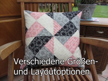 Patchwork-Kissen mit diagonal geteilten Quadraten in Rosa, Grau und Schwarz; Text 'Verschiedene Größen- und Layoutoptionen' eingeblendet