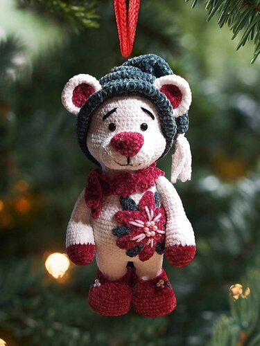Gehäkelter Amigurumi‑Eisbär mit Mütze, Schal und roter Blüte am Weihnachtsbaum