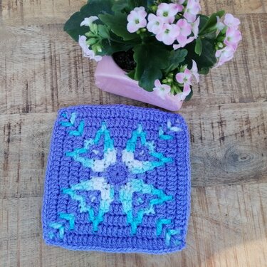 Gehäkeltes lila Quadrat mit weiß-türkisfarbenem Sternmotiv auf Holztisch neben Topfpflanze