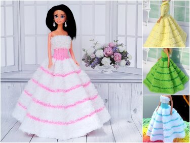 Prinzessinnenkleid für Puppen und 4 Varianten eines Ärmelschals - Stricken