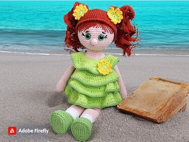 Sitzende Amigurumi-Puppe mit rotem Garnhaar, grünem Stufenkleid, gelber Blume, weißen Söckchen und grünen Schuhen