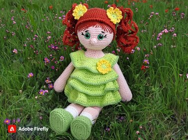 Gehäkelte Amigurumi-Puppe mit roten Locken, grünen Augen und hellgrünem Rüschenkleid, sitzend im Gras zwischen kleinen rosa und lila Blüten.