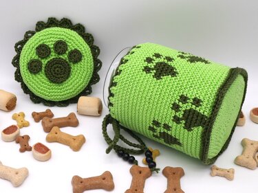 Häkelanleitung Aufbewahrungsglas Überzug für Leckerlis mit Pfotenspur