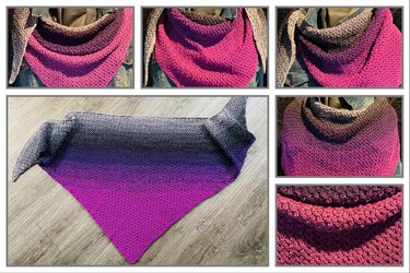 Gestricktes Dreieckstuch in Pink, Lila und Grau mit gleichmäßigem Maschenbild, getragen und flach ausgelegt