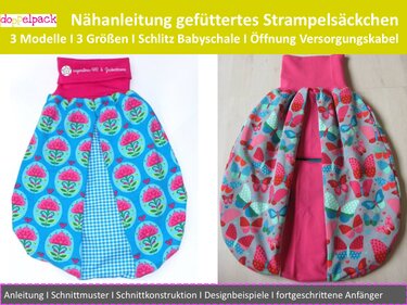Zwei gefütterte Strampelsäckchen nebeneinander: blau mit Blumenmuster, rosa mit Schmetterlingen; Umschlagbündchen und Schlitz sichtbar