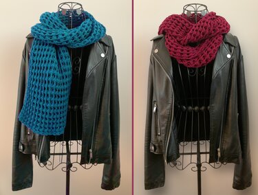 Long teal waffle-stitch crochet scarf and looped maroon waffle-stitch cowl displayed on dress forms wearing black jackets.