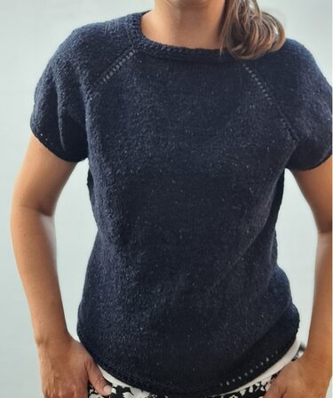 Relaxed-fit navy short-sleeve knitted top with crew neck and eyelet detailing along raglan seams