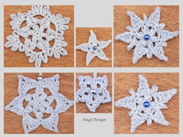 Sechs gehäkelte silberne Sterne und Schneeflocken-Applikationen, einige mit blauen oder silbernen Perlen, auf braunem Hintergrund.