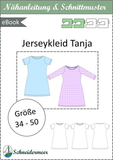 Cover des eBook-Schnittmusters Jerseykleid Tanja mit kurz- und langärmeligen Varianten und der Größenangabe 34–50