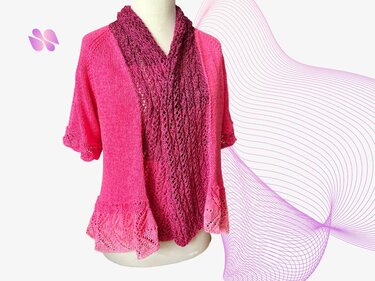 Kurzärmelige pinke Damen-Strickjacke mit Spitzenrüsche auf Büste