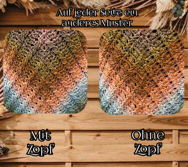 Zwei gehäkelte Dreieckstücher aus Farbverlaufsgarn, links mit Zopfmuster, rechts ohne, vor Holzhintergrund.
