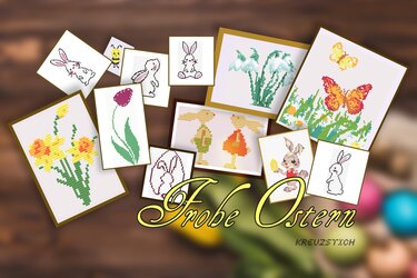 Kreuzstich Ostern. Osterhasen, Schneeglöckchen, Narzissen - Sticken
